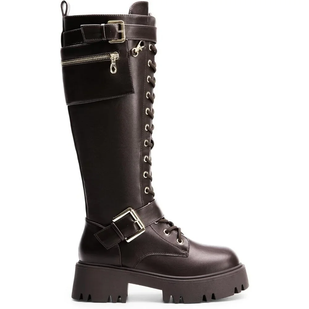 Women's Brown DREAM PAIRS Combat Riding Platform Knee-High Boots Lace Up Gothic